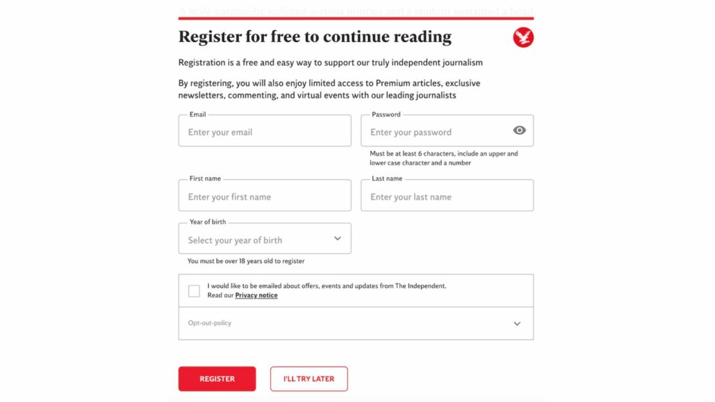 The Independent registration wall