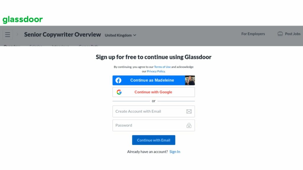 Glassdoor registration wall