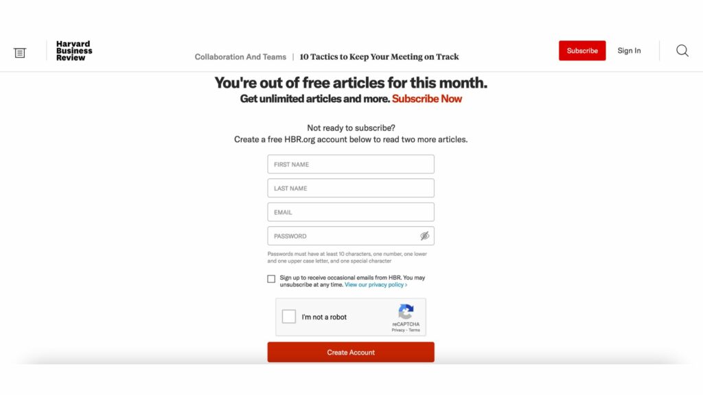 Harvard Business Review registration wall