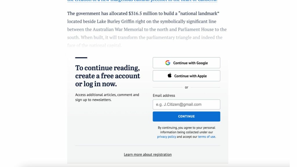 Sydney Morning Herald registration wall