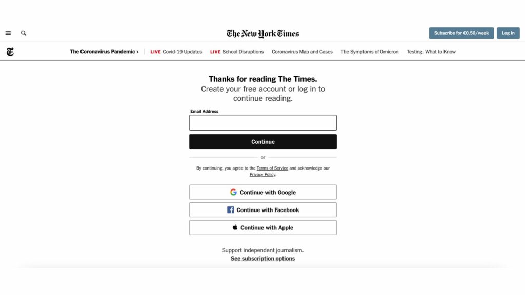 The New York Times registration wall