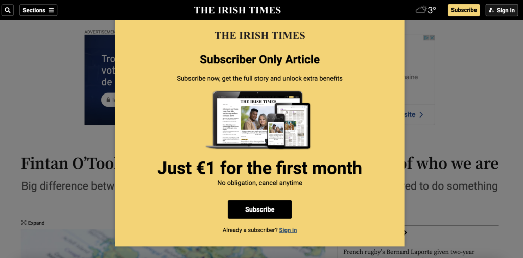 Le paywall pop-up du Irish Times a un meilleur taux de conversion à l'abonnement que le paywall standard