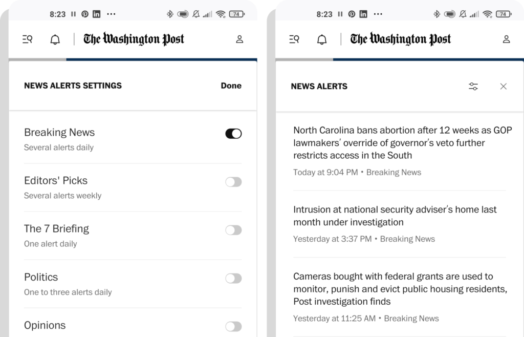 The Washington Post personalized news alerts