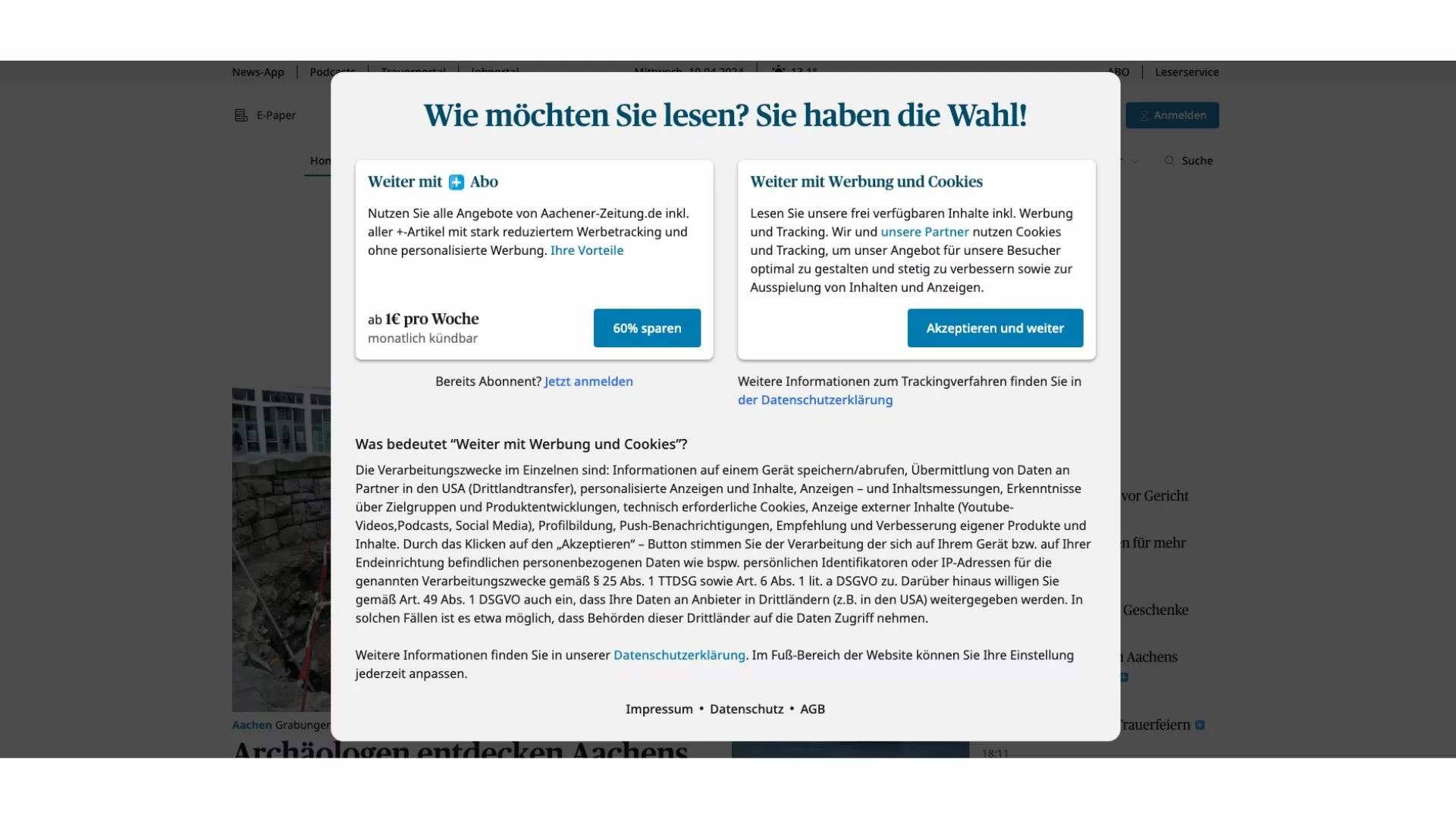 Aachener-Zeitung.de cookie wall
