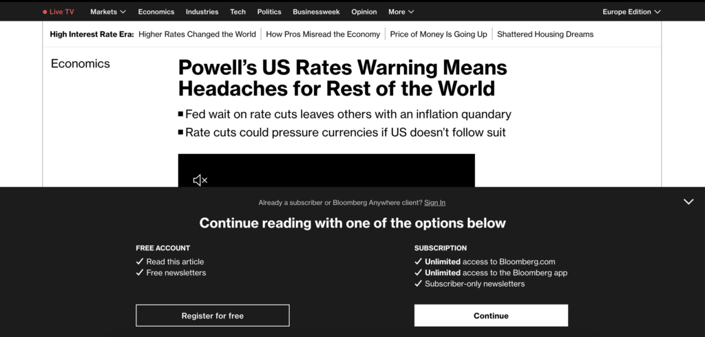 Bloomberg double paywall and registration wall