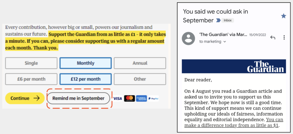 The Guardian remind me later support model