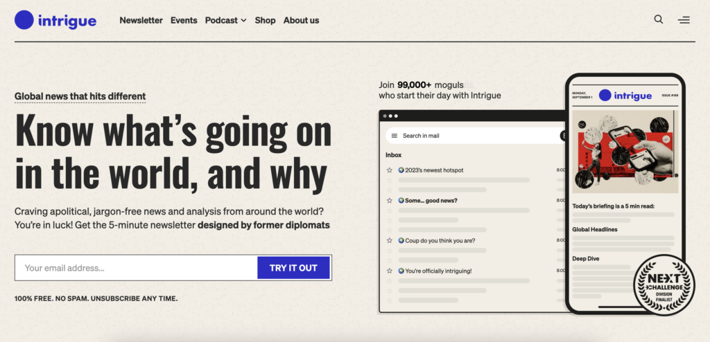 Intrigue newsletter landing page