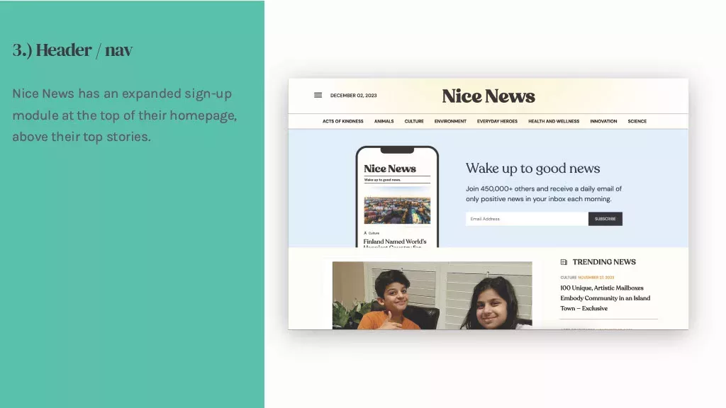 Newsletter sign up in the header/nav