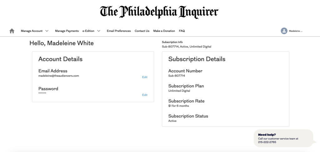 The Philadelphia inquirer subscription account page