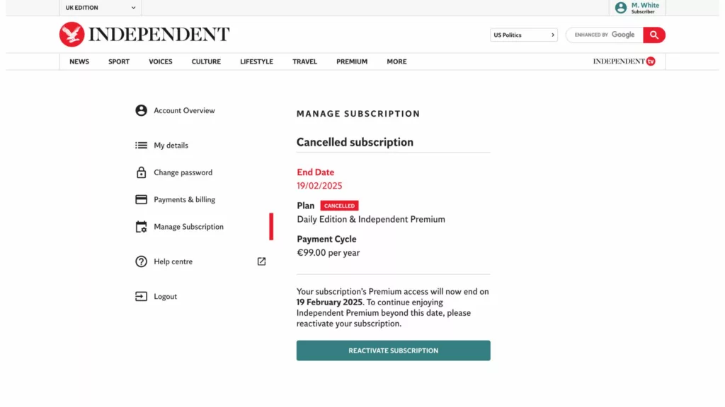 The Independent unsubscription