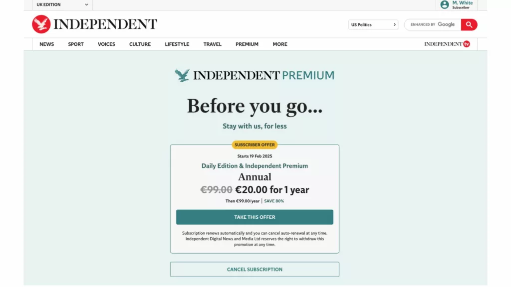 The Independent premium unsubscription journey