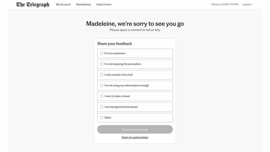 The Telegraph unsubscription