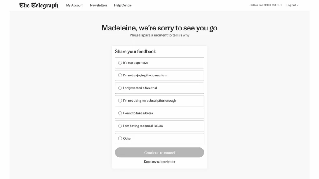 The Telegraph unsubscription