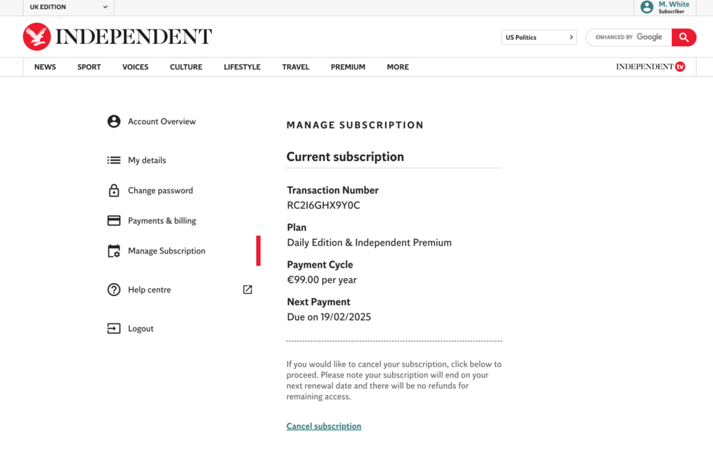 The Independent premium subscriber account page