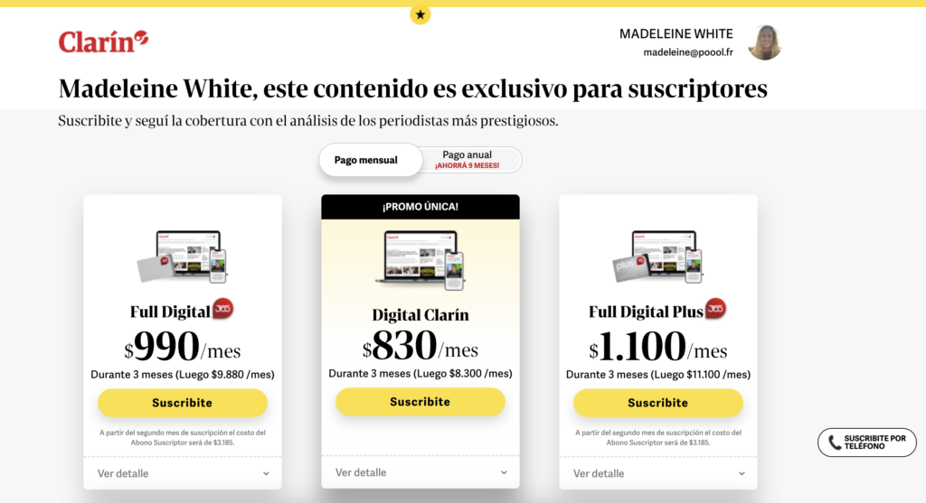 Clarin dynamic paywall