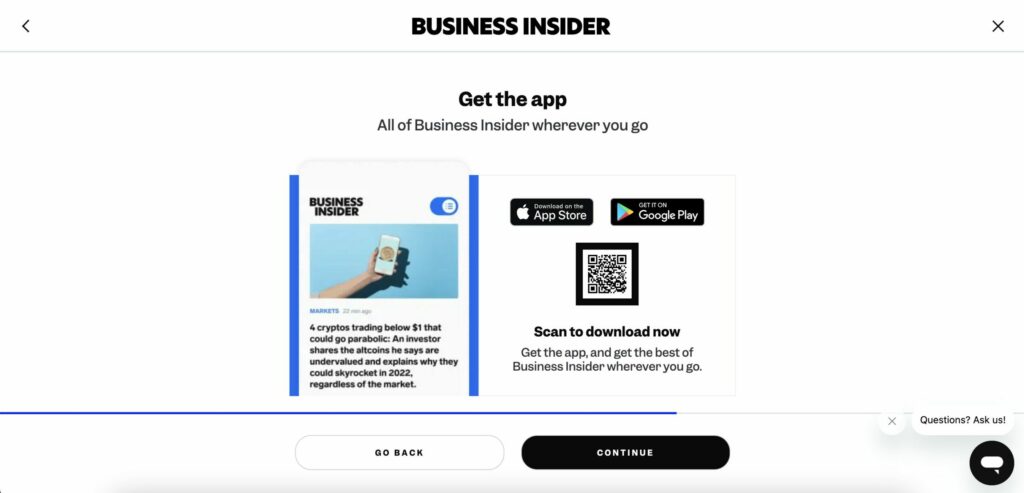 Business Insider onboarding, app download