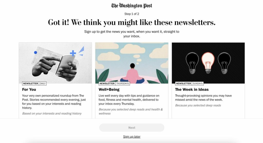 The Washington Post onboarding, newsletter step