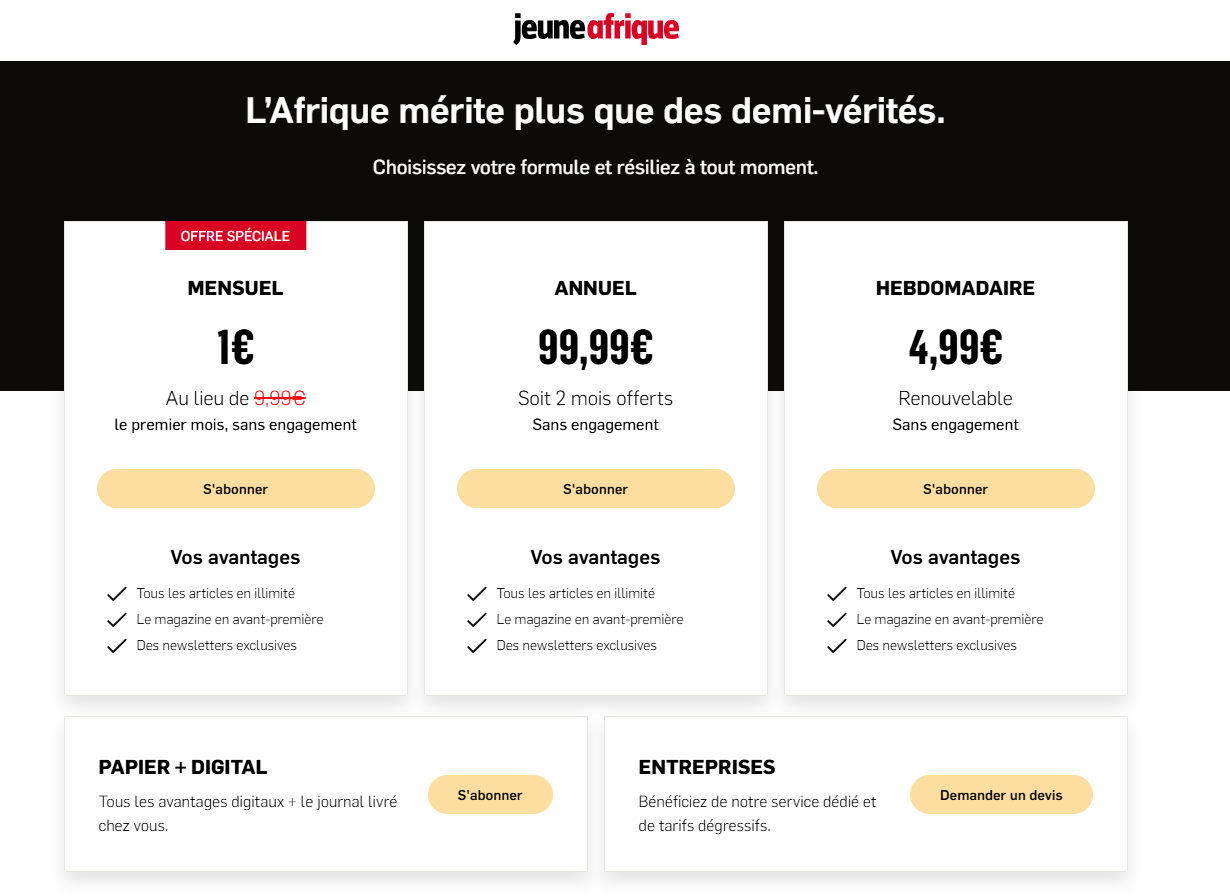 Jeune Afrique subscription landing page