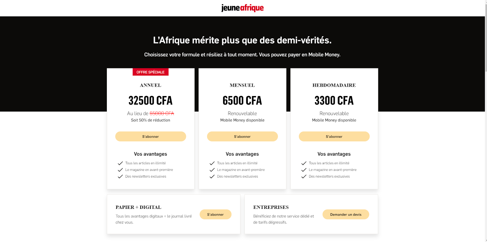 Jeune Afrique subscription landing page