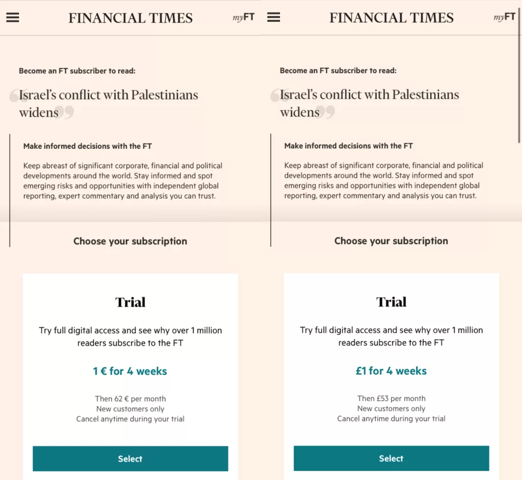 Financial Times dynamic paywall adapted to location