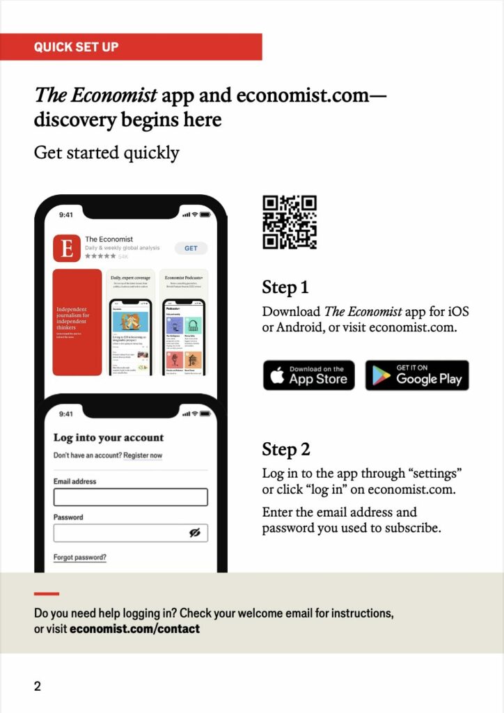 The Economist app download in the onboarding welcome pack