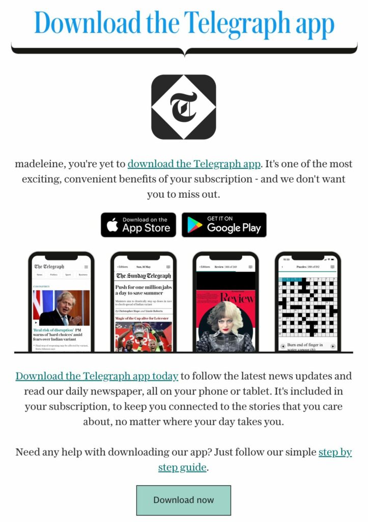 The Telegraph app download in the subscriber onboarding welcome series