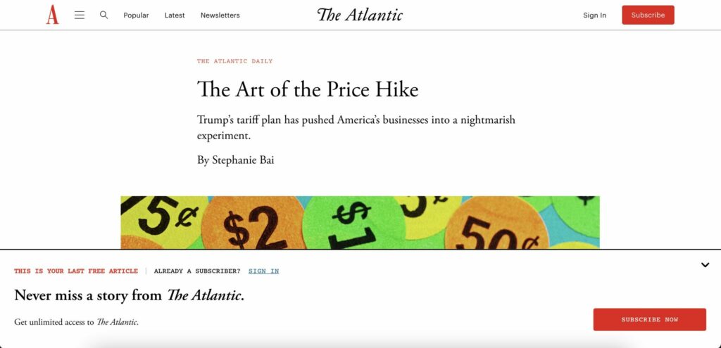 The Atlantic subscription banner on the homepage