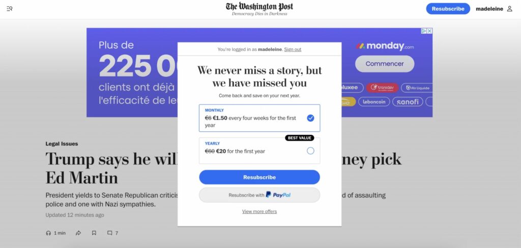 Dynamic paywall adapted to ex-subscribers on The Washington Post