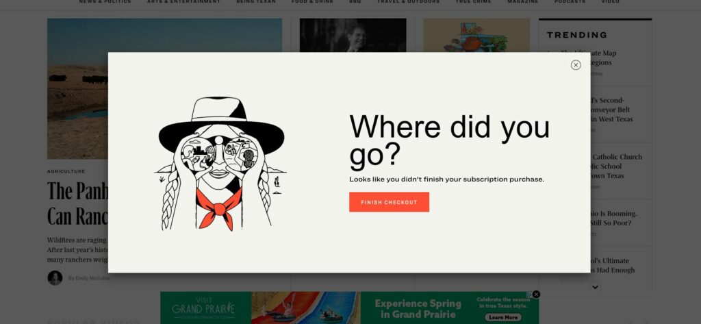 Abandoned cart pop-up after leaving the subscription landing page