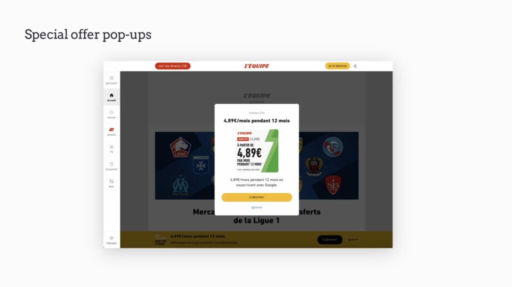 special offer pop-up promoting subscriptions at L'Équipe