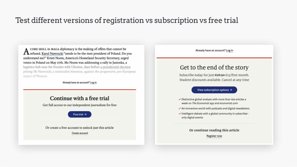 The Economist tests different registration walls