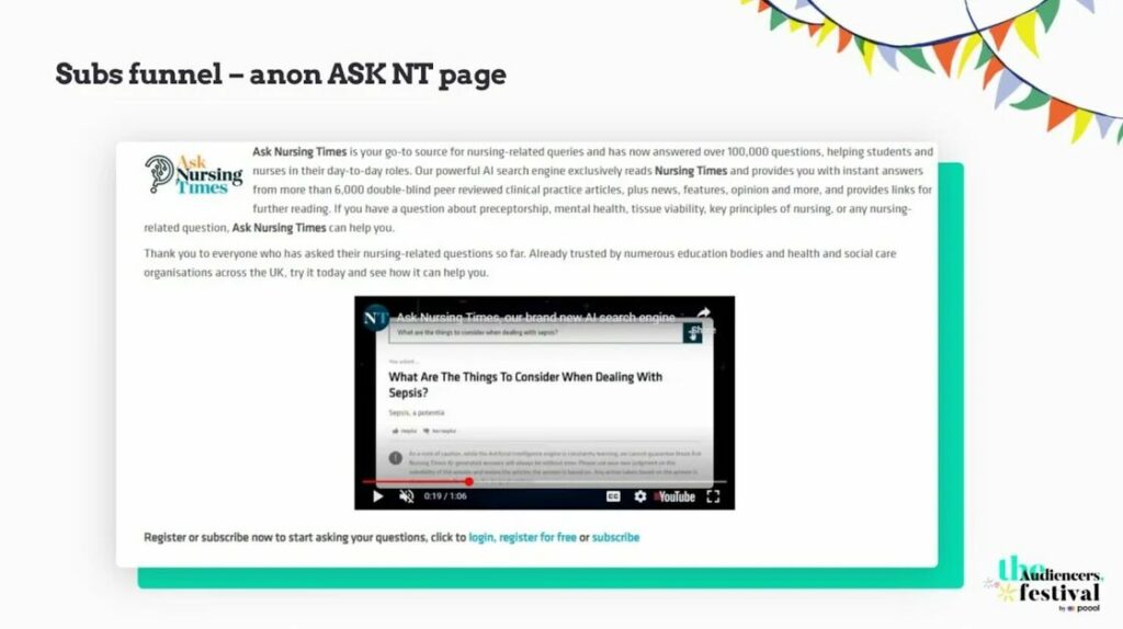 Nursing Times subscription funnel with AI search engine
