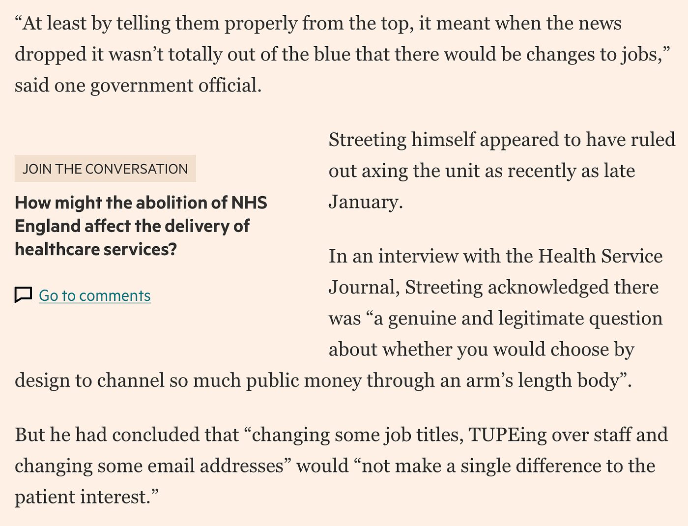 Discussion question mid FT article that asks “How might the abolition of NHS England affect the delivery of healthcare services?”