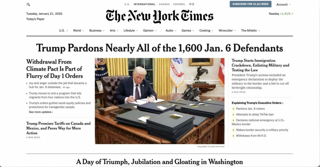 The New York Times homepage after account creation