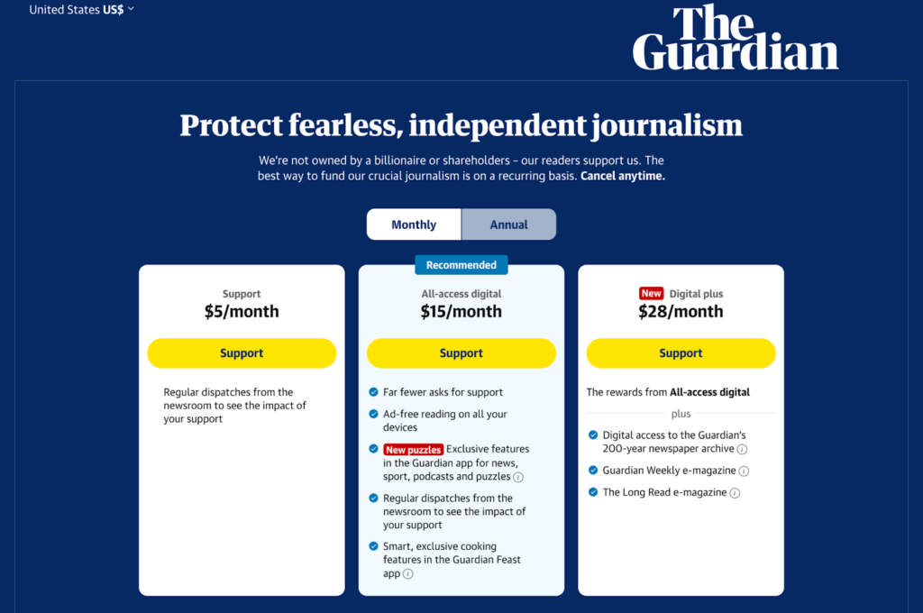 The Guardian US support page