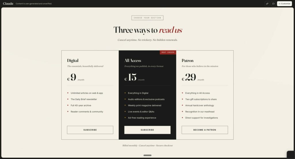 Subscription offers page