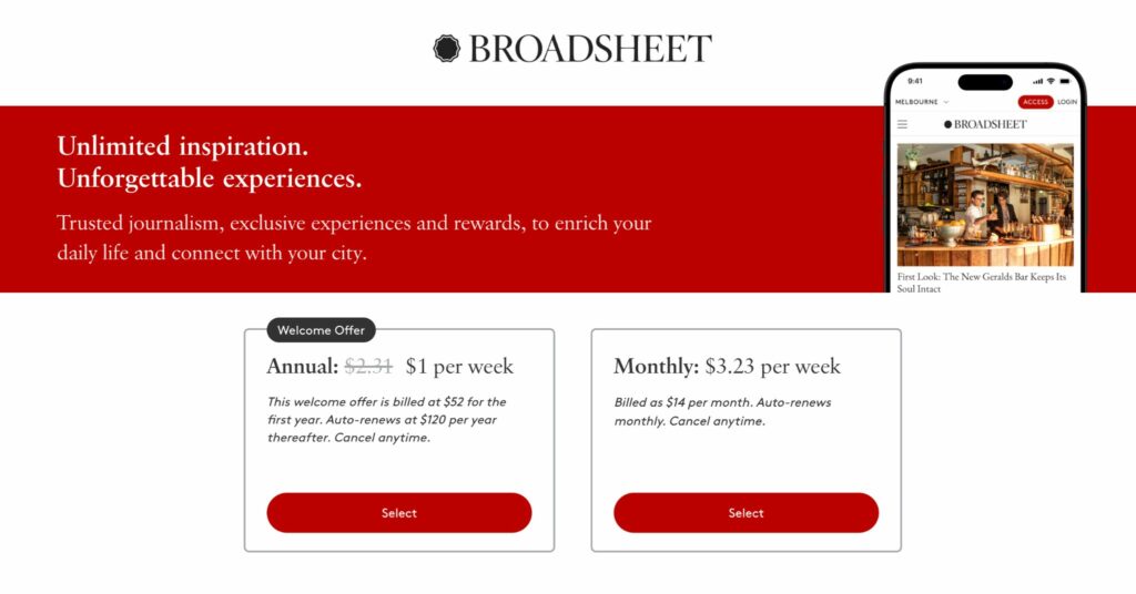Broadsheet subscription landing page